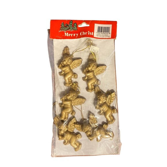 Set of 6 Vintage Copper Plastic Cherub Angel Ornaments Playing Instruments - Picture 1 of 5